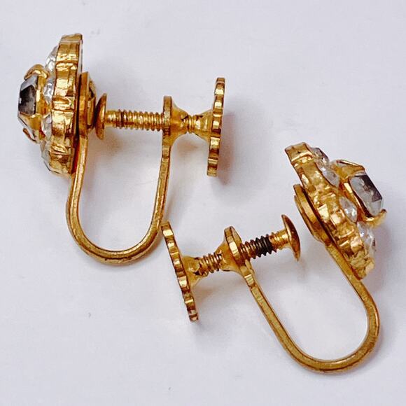 Vintage Coro Signed 1940s Rhinestone Screw Back Earrings Mid Century Gold Tone - Picture 8 of 14